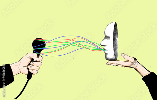 Mask talking to microphone against yellow background photo