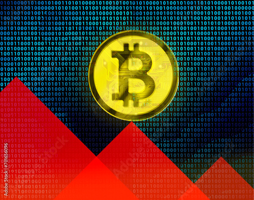 Bitcoin on red triangle in front of binary codes photo