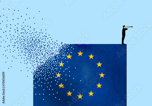 Man standing on destructing European flag and looking through telescope against blue background photo