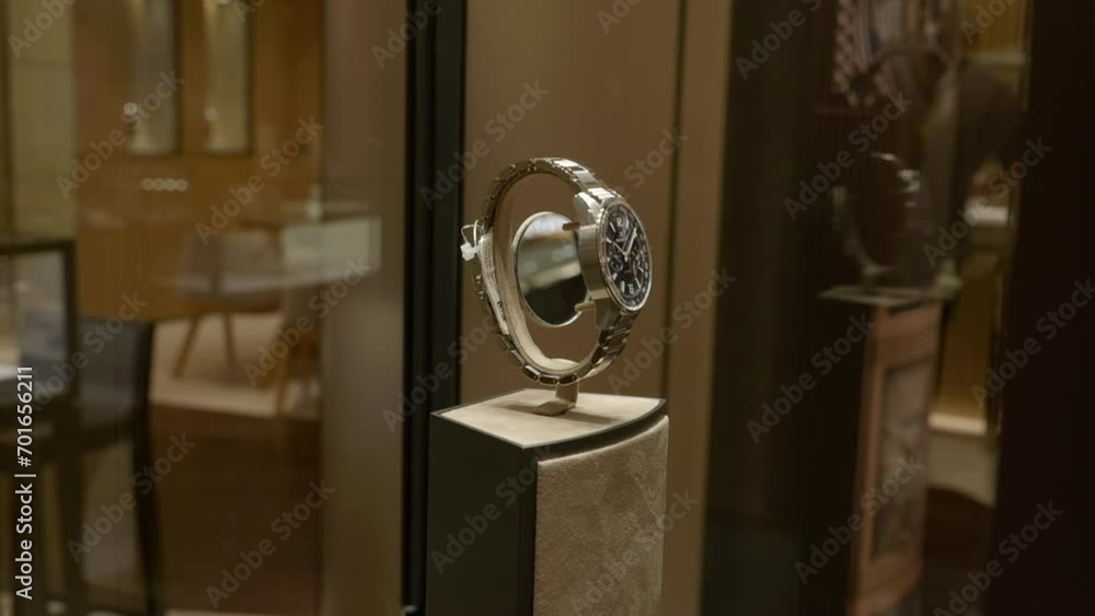 Stylish luxury titanium band wristwatch in Jaeger Le Coultre boutique store display case Stylish luxury titanium band wristwatch in Jaeger Le Coultre boutique store display case
