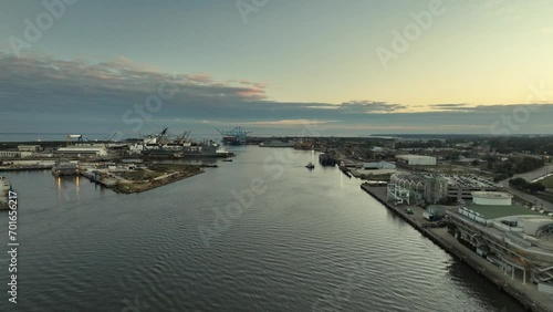 Drone view of Mobile River at sunset photo