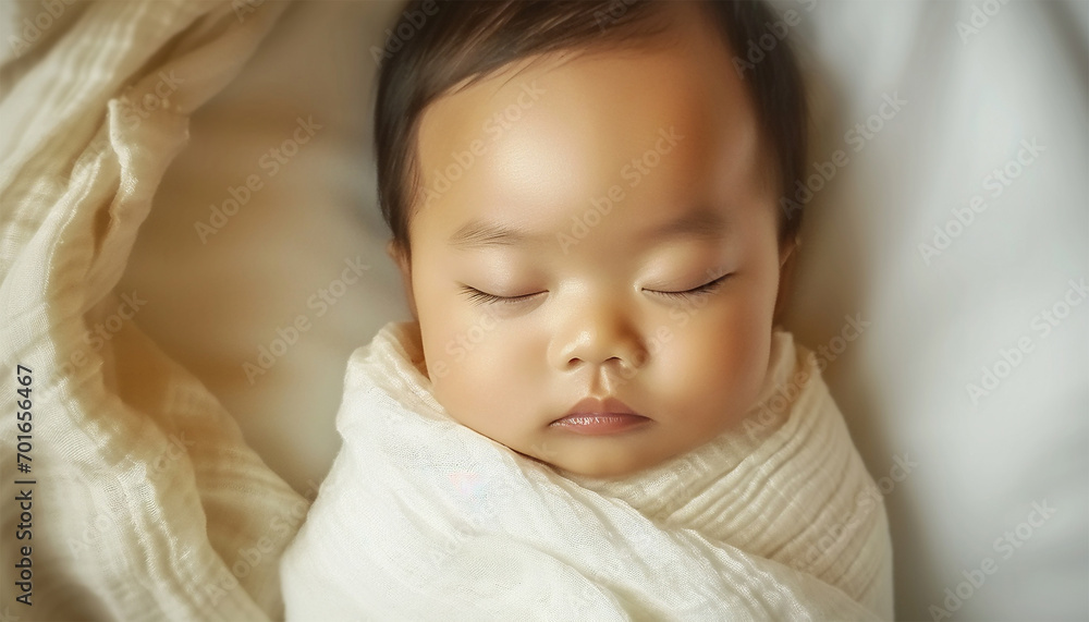 Newborn Asian baby sleeping. Top view happy newborn baby lying sleeps on a white blanket comfortable and safety at warmth place. Cute Asian newborn sleeping and napping on bed. Newborn Baby Care Newborn Asian baby sleeping. Top view happy newborn baby lying sleeps on a white blanket comfortable and safety at warmth place. Cute Asian newborn sleeping and napping on bed. Newborn Baby Care