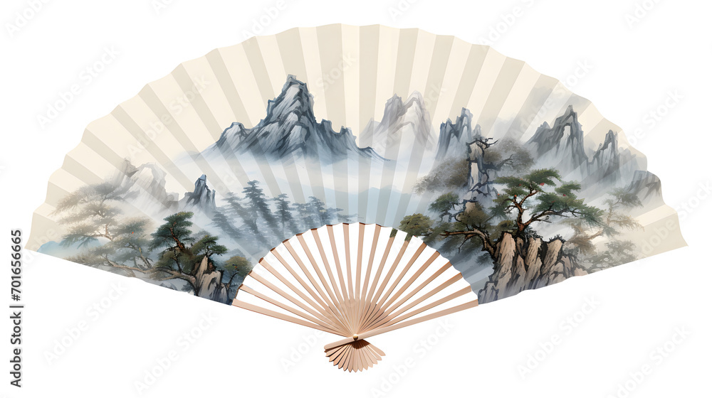 Chinese folding fan Chinese mountains. Isolated on Transparent background. - obrazy, fototapety, plakaty 