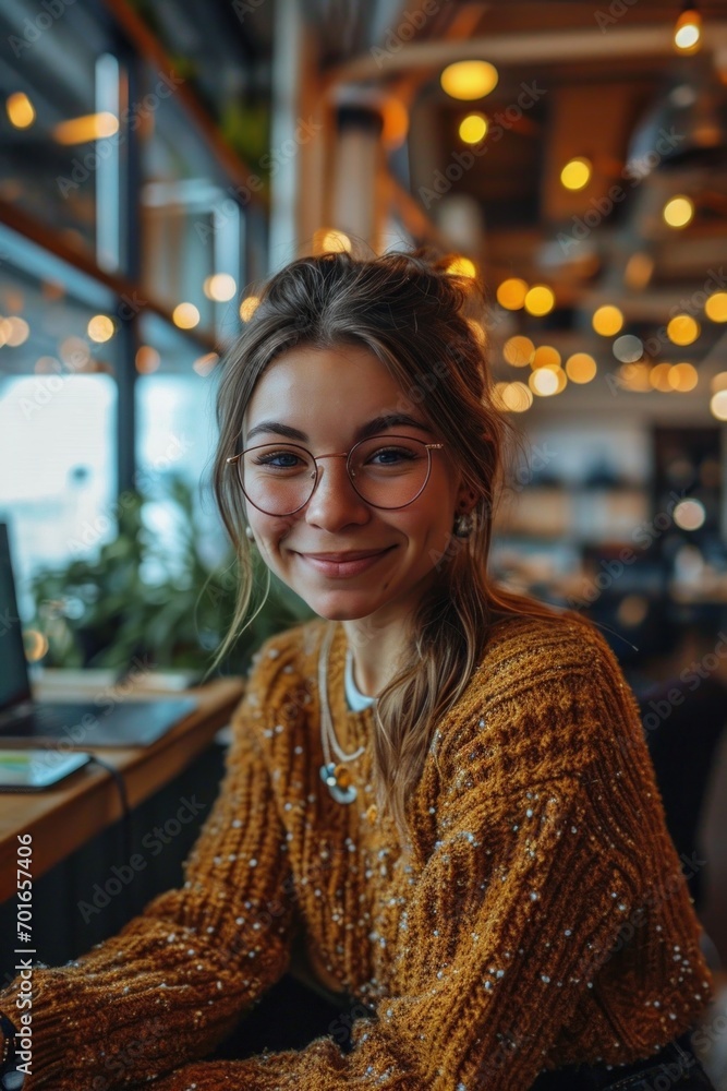 Obraz premium Young professional exuding confidence, seated with a genuine smile
