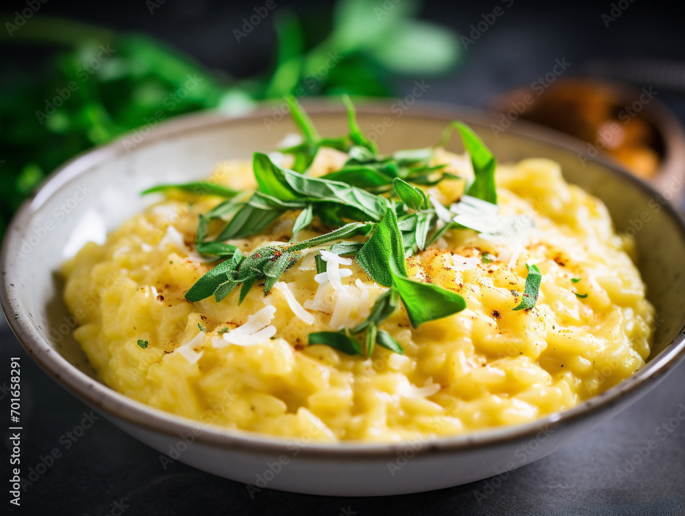 A delectable bowl of saffron-infused risotto, garnished with grated parmesan - a true culinary delight. A delectable bowl of saffron-infused risotto, garnished with grated parmesan - a true culinary delight.