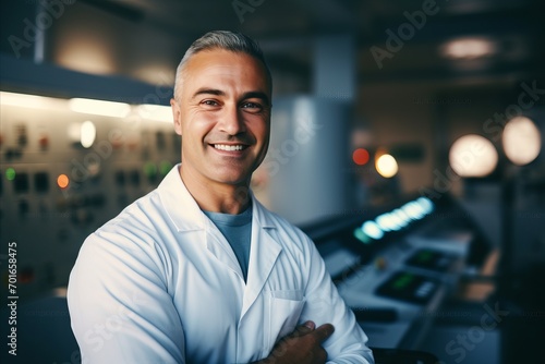 Portrait of smiling male doctor standing with arms crossed in medical office
