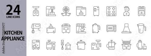 Kitchen Appliance line icons set with Scales, Kettle, Bread maker, Blender, Toaster, Waffle maker, Coffeemaker, Multicooker, Juicer, Meat grinder, Fryer, Oven, Mixer, Dishwasher. Editable stroke photo