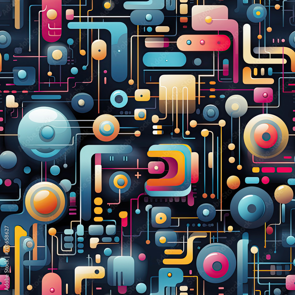 Geometric futuristic seamless pattern with round multicolored circles on dark background