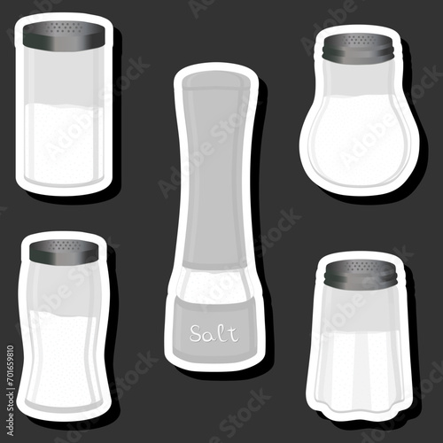 Illustration on theme big set different types ware filled salt for organic cooking