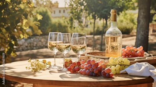 A bottle of white wine with three glasses of wine and grapes on a table. Quaint French village in the background.