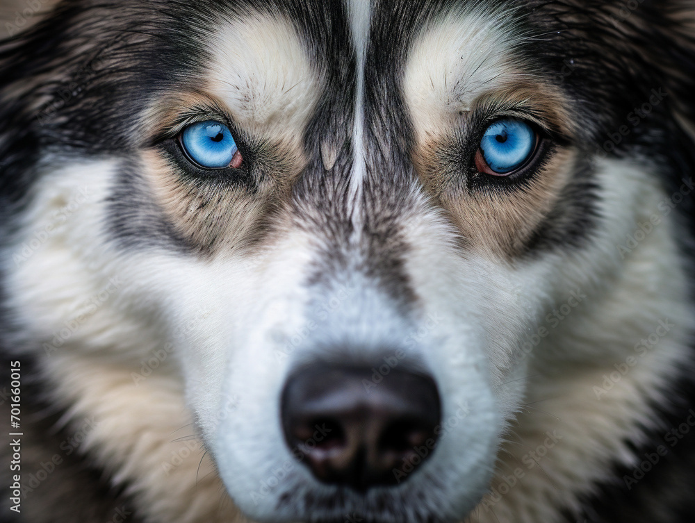 A mesmerizing closeup of a stunning husky dog with piercing blue eyes.