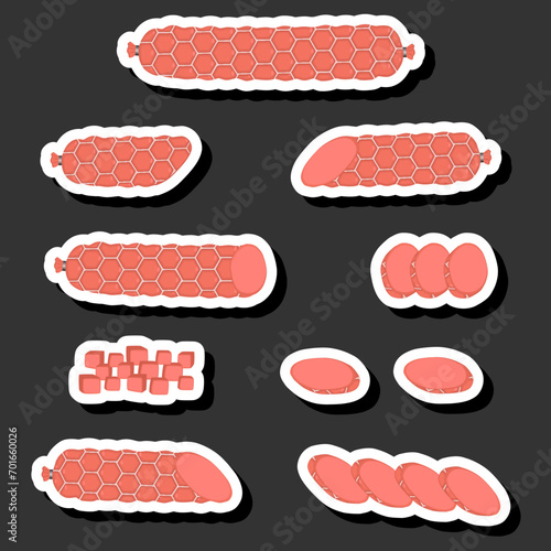 Illustration on theme big set different types delicatessen meat sausages