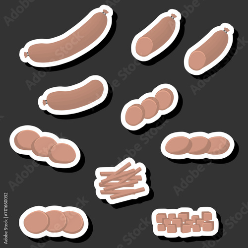 Illustration on theme big set different types delicatessen meat sausages