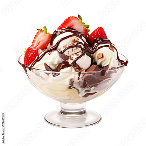 ice cream sundae with strawberries chocolate sauce vanilla dessert isolated on transparent background Remove png, Clipping Path, pen tool