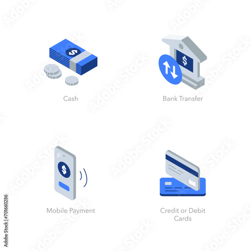 Simple set of isometric flat icons for payment methods. Contains such symbols as Cash, Credit or Debit cards, Mobile Payment and Bank Transfer.