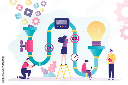 Creative project generation process. Business people or co-founders work with idea generator pipeline and pipe system with bright light bulb to generate startup innovation