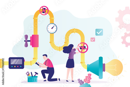 Creative project generation process. Business people or co-founders work with idea generator pipeline and pipe system with bright light bulb to generate and control startup innovation.