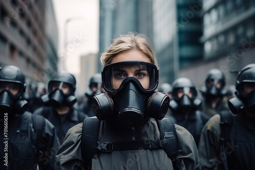 Portrait of a woman in a gas mask on the street.