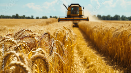 a combine harvester harvesting wheat in a large field. a large, golden wheat field that covers most of the image. The combine harvester is working in the background, cutting and threshing the wheat. photo