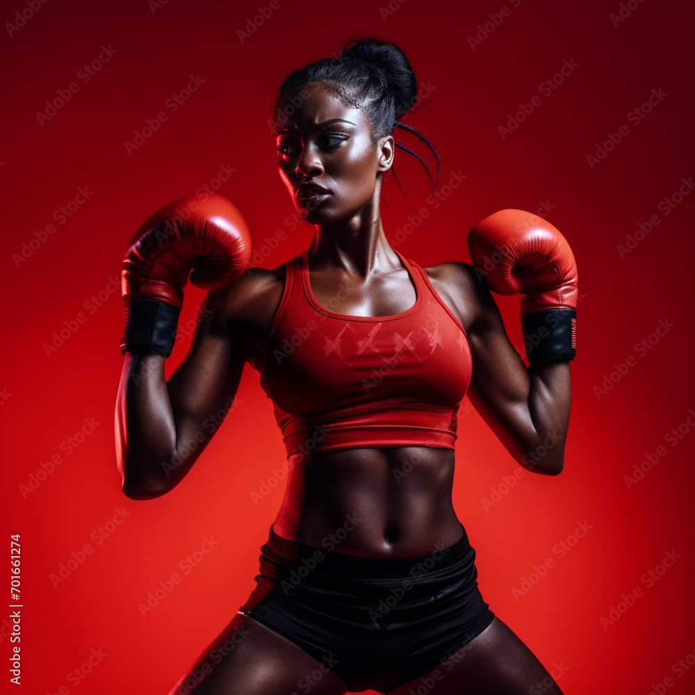 Woman boxing on red background.