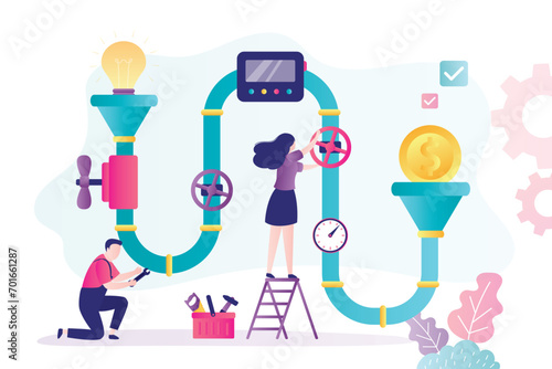 Profitable business project generation process. Business people, investors or co-founders work with money generator pipeline and pipe system with bright light bulb