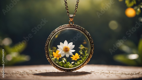 Beautiful pendant with flowers in resin. pendant necklace.  AI generated image, ai photo