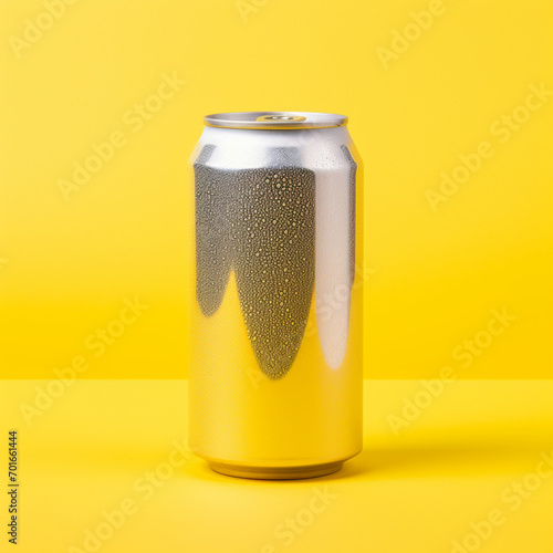 Glistening soda can on a yellow background.