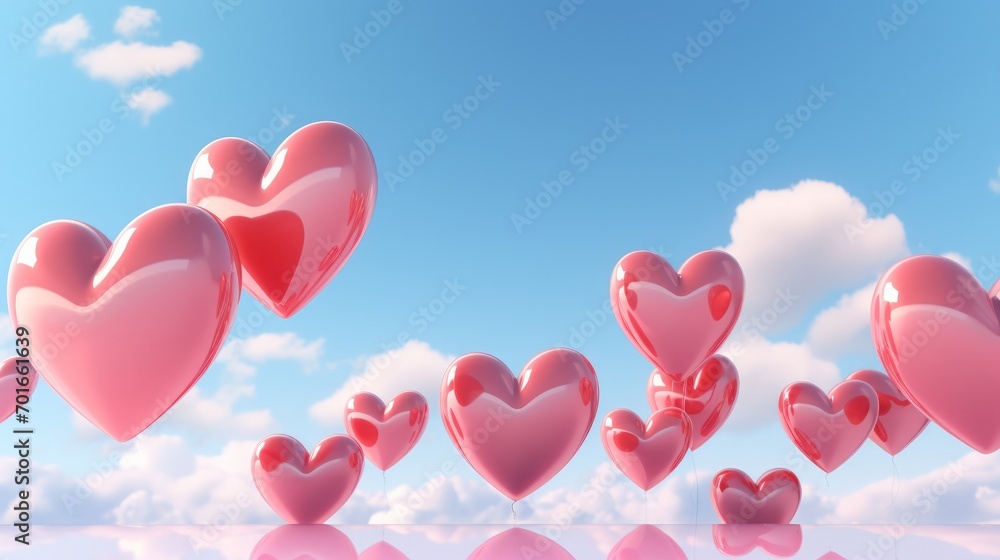 Romantic flying red heart shaped balloons on blue clear sky background. Generate AI image