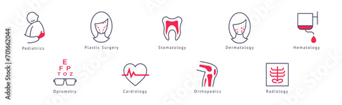 Different Hospital Department Flat Icons with Name Vector Set