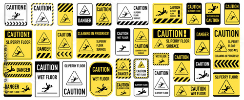 Wet floor caution sign, Public warning yellow symbol clipart. Vector illustartion