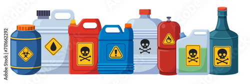 Flammable waste set. Container with chemical explosive substance. Toxic chemical, vector illustration set