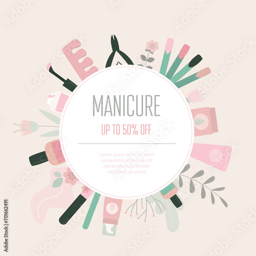 Banner for nail salon. Sale and discounts. Poster, template, place for text. flyer and invitation card. Discount voucher. Certificate coupon for manicure, pedicure procedures and tools.