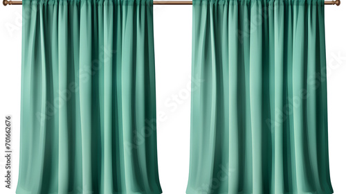 Short, mint, velvet, heavy curtains with pleats. Curtains in two parts. Isolated on a transparent background.