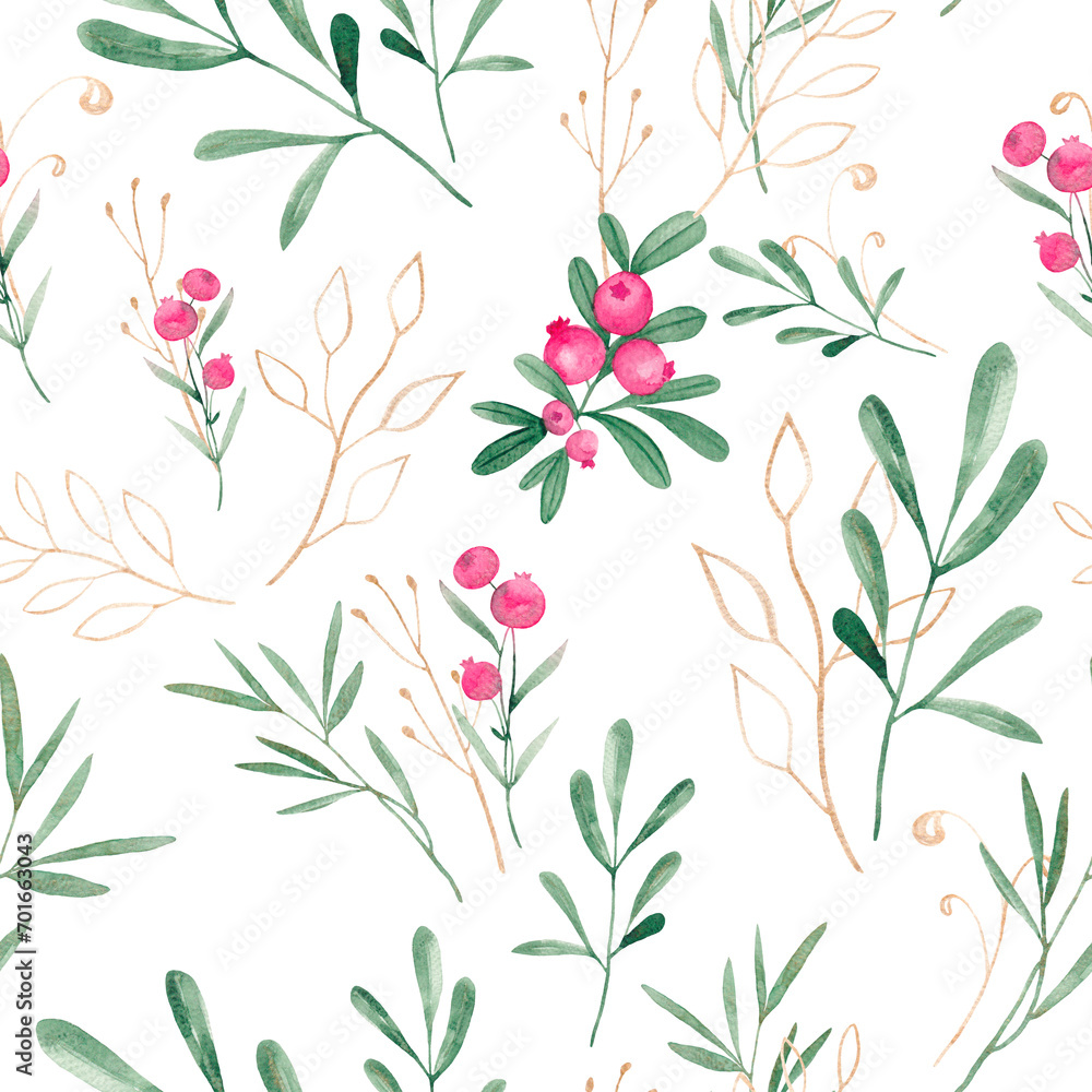 Cowberry with golden sprigs on a white background. Seamless watercolor pattern.