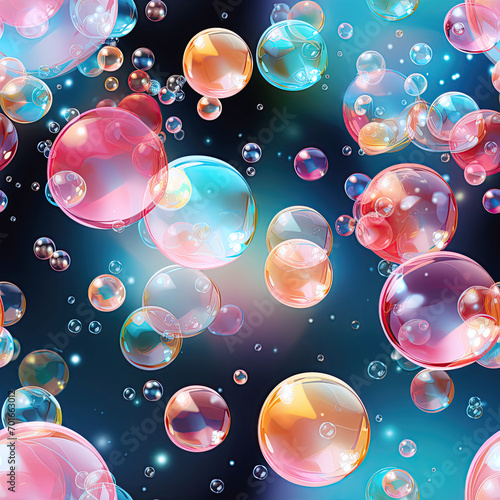 seamless pattern with multicolored colored colorful soap bubbles on blue background