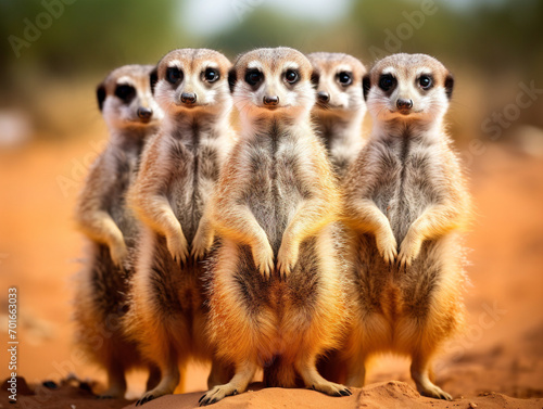 A group of adorable meerkats standing alertly, with a curious and charming expression on their faces.