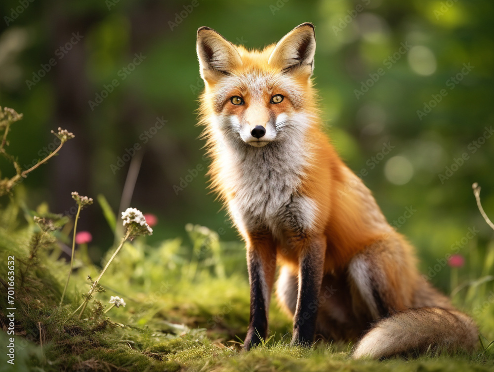 A beautiful red fox with a thick, bushy tail stands gracefully in a natural setting.