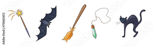 Magic Object and Element with Broom, Bat, Cat, Wand and Crystal Vector Set