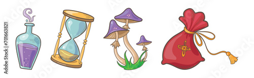 Magic Object and Element with Potion Jar, Hourglass, Mushroom and Sack with Runes Vector Set