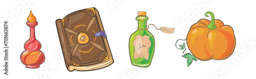 Magic Object and Element with Potion Glass, Spellbook and Pumpkin Vector Set