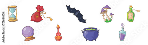 Magic Object and Element with Hourglass, Sack, Bat, Mushroom, Cauldron, Potion Jar and Crystal Ball Vector Set