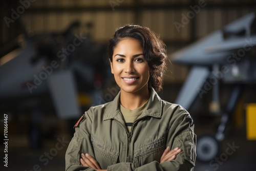 Portrait of a beautiful young woman standing with arms crossed in a hangar