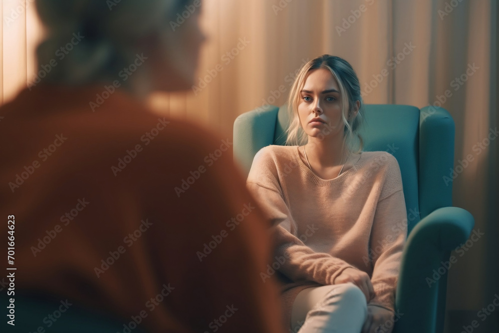 A middle-aged professional psychotherapist in the process of work. A woman at an appointment with an experienced psychologist, a psychiatry specialist, a psychological support session - obrazy, fototapety, plakaty 