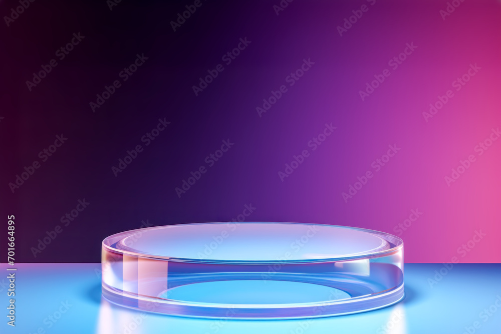 Empty elegant glass podium for presentation against purple gradient background. Showcase for natural cosmetic products. Concept scene stage for montage new product and promotion sale Empty elegant glass podium for presentation against purple gradient background. Showcase for natural cosmetic products. Concept scene stage for montage new product and promotion sale