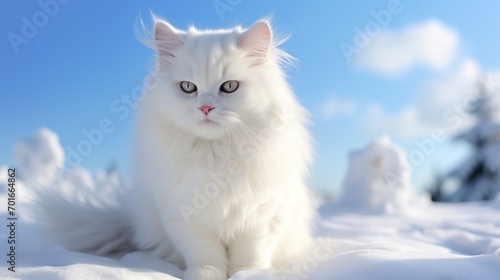 Beautiful white fluffy cat on snow background