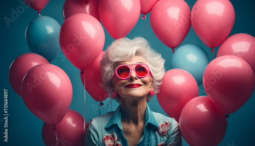 An elderly happy woman holding a heart shaped balloon. Valentine's Day love is in the air and life is beautiful
