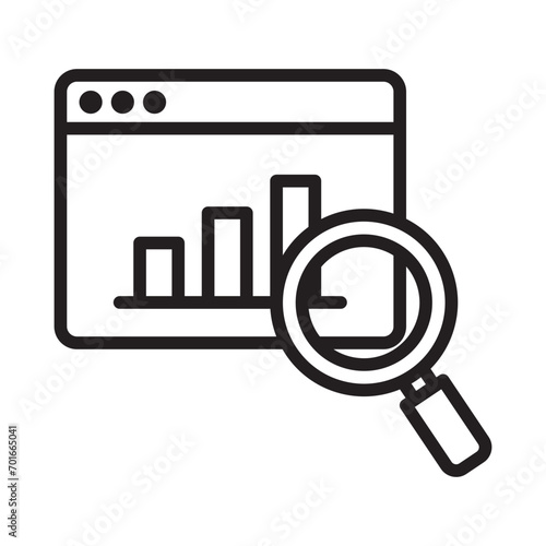 stocks market growth graphs browser and magnifying glass line icon.