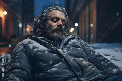 Homeless man in winter clothes lies on the city street in frost and snowfall, frozen, drizzle, drunk, alcohol