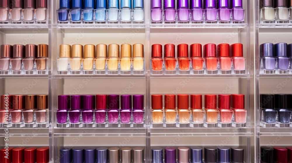 close up of sets of nail polish on shelves in beauty store