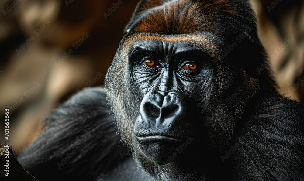 Intense Close-Up Portrait of a Gorilla's Face with Piercing Eyes, Emphasizing the Soulful Intelligence of Wildlife